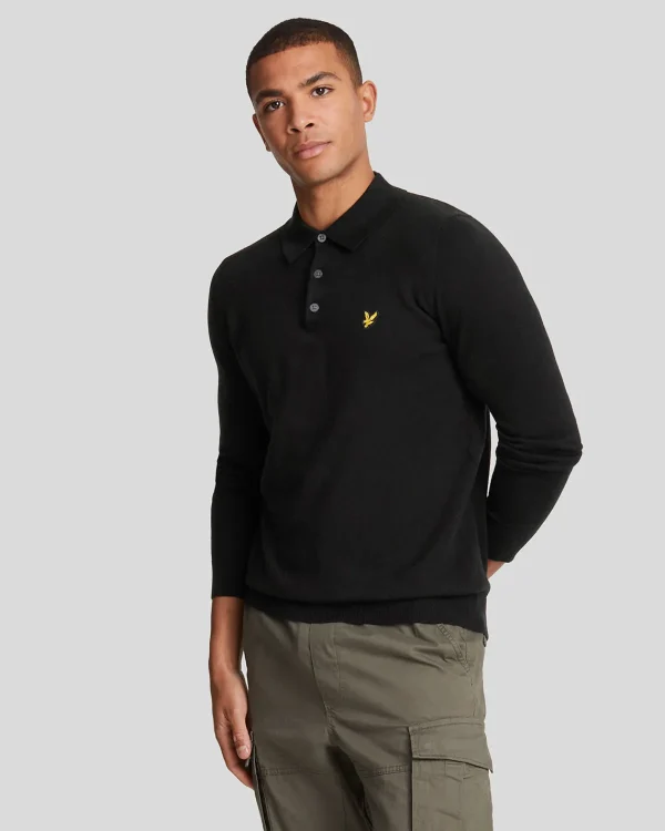 Lyle & Scott Polohemden<Langärmeliges gestricktes Poloshirt aus Baumwolle und Merino JetBlack