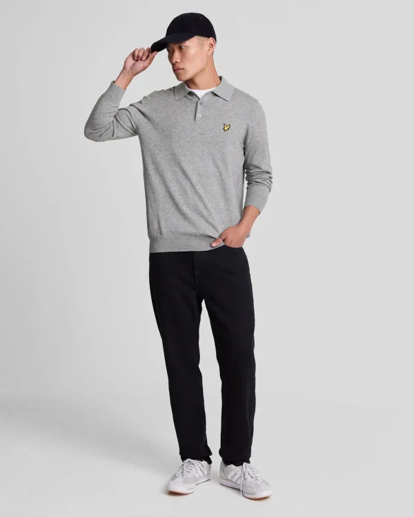 Lyle & Scott Polohemden<Langärmeliges gestricktes Poloshirt aus Baumwolle und Merino MidGreyMarl