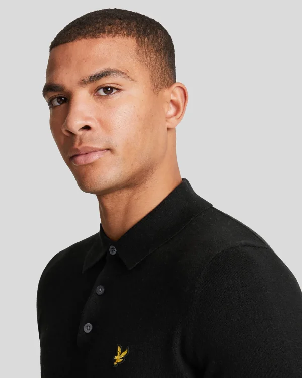 Lyle & Scott Polohemden<Langärmeliges gestricktes Poloshirt aus Baumwolle und Merino JetBlack